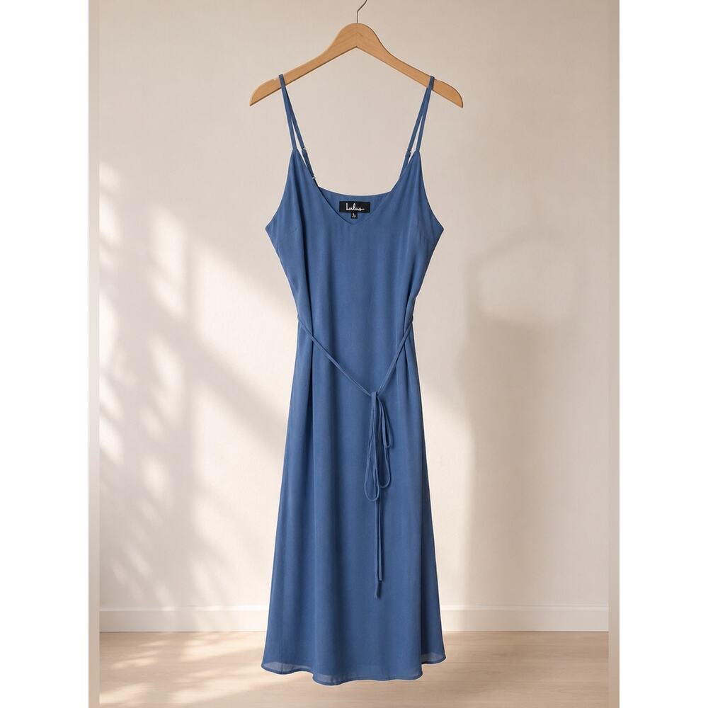 Clearance!Lulu's Slate Blue Chiffon Tie Waist V-Neck Midi Dress Size Large NWT - Picture 3 of 8
